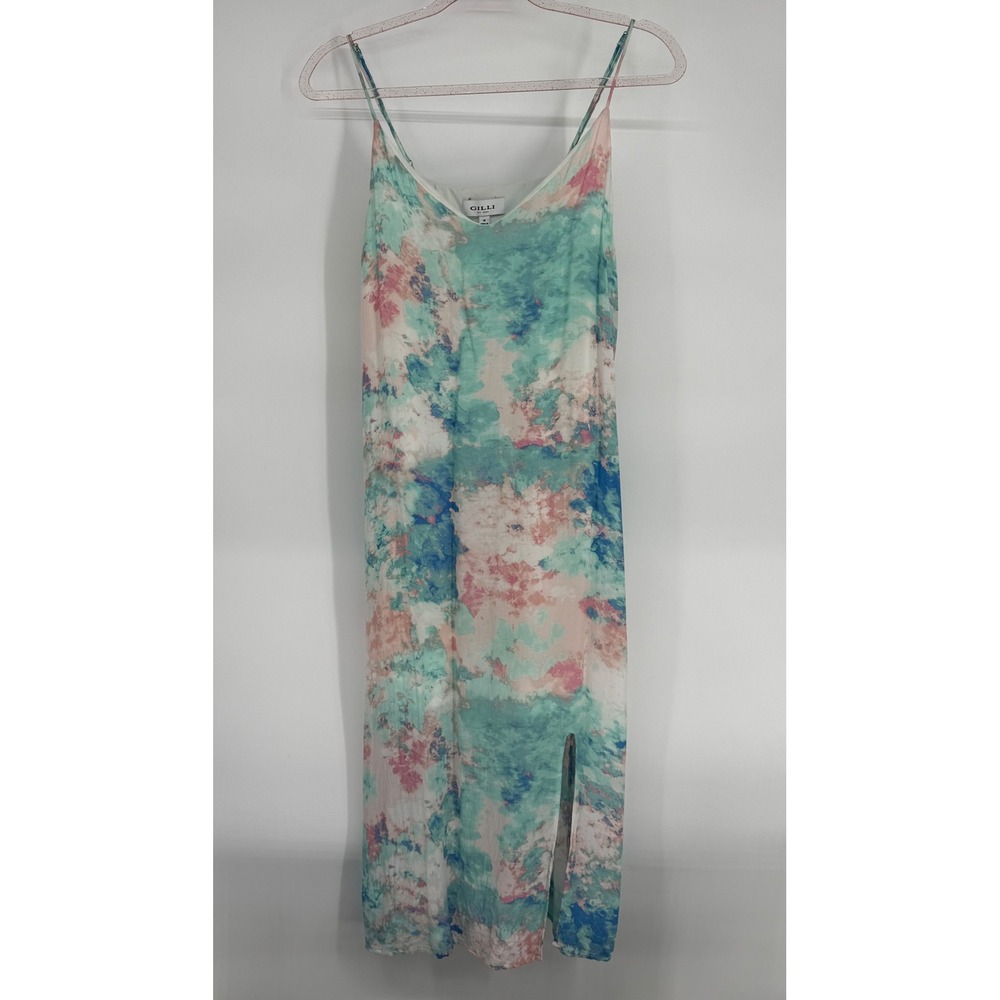 Gilli Womens Watercolor Abstract Midi Slip Dress Teal Pink Blue V-Neck Sz M